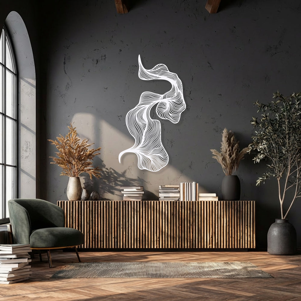 Vertically oriented, this abstract flowing lines metal art for wall features an organic, undulating shape with intricate white patterns.