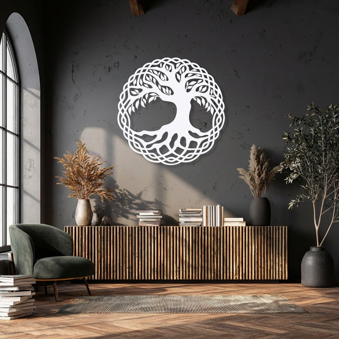The precise edges and elaborate circular border of this Celtic Tree of Life metal artwork highlight its intricate design.