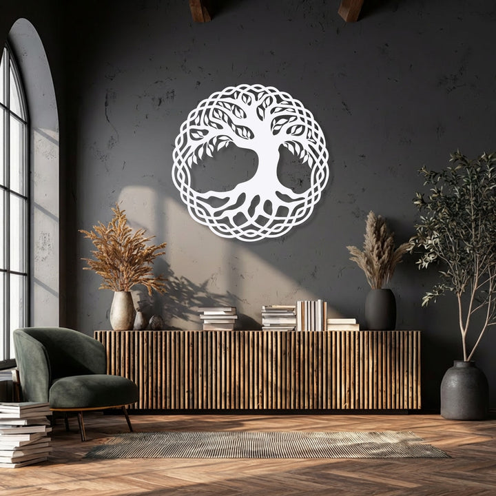 The precise edges and elaborate circular border of this Celtic Tree of Life metal artwork highlight its intricate design.