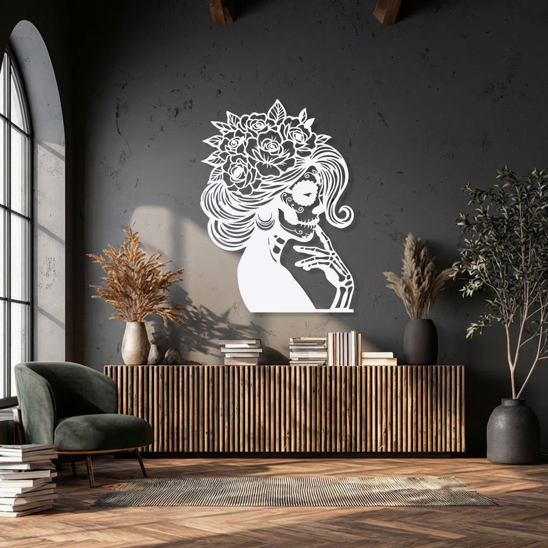 The subdued color saturation of this intricate Floral Sugar Skull Lady metal artwork beautifully contrasts against its dark background.