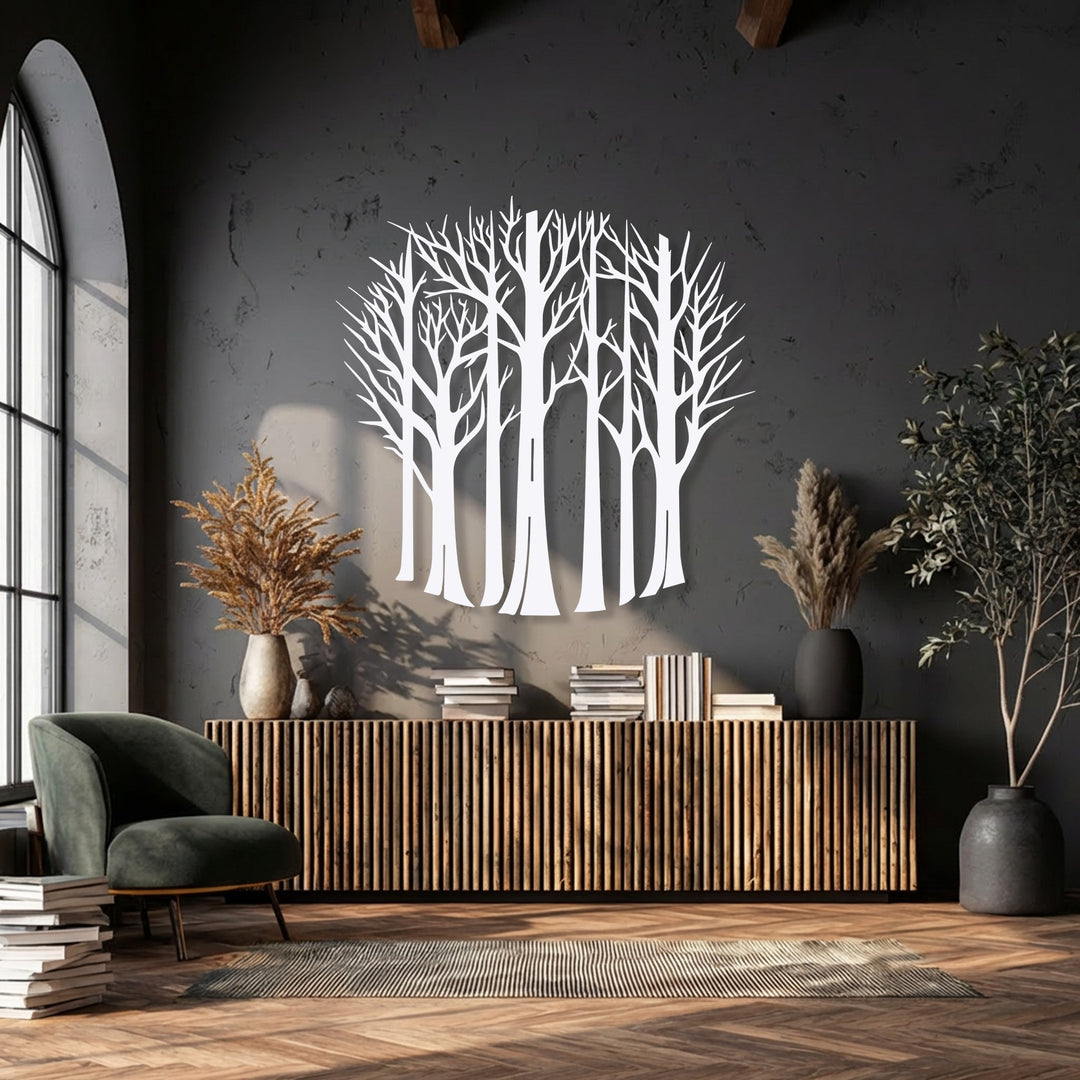 The subtle layering effect of the white bare forest trees metal artwork creates a serene minimal nature silhouette.