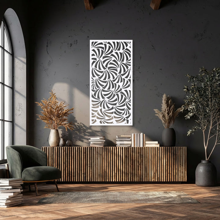 The striking central subject is a white metal art for wall panel featuring an intricate black spiral flow abstract geometric pattern.