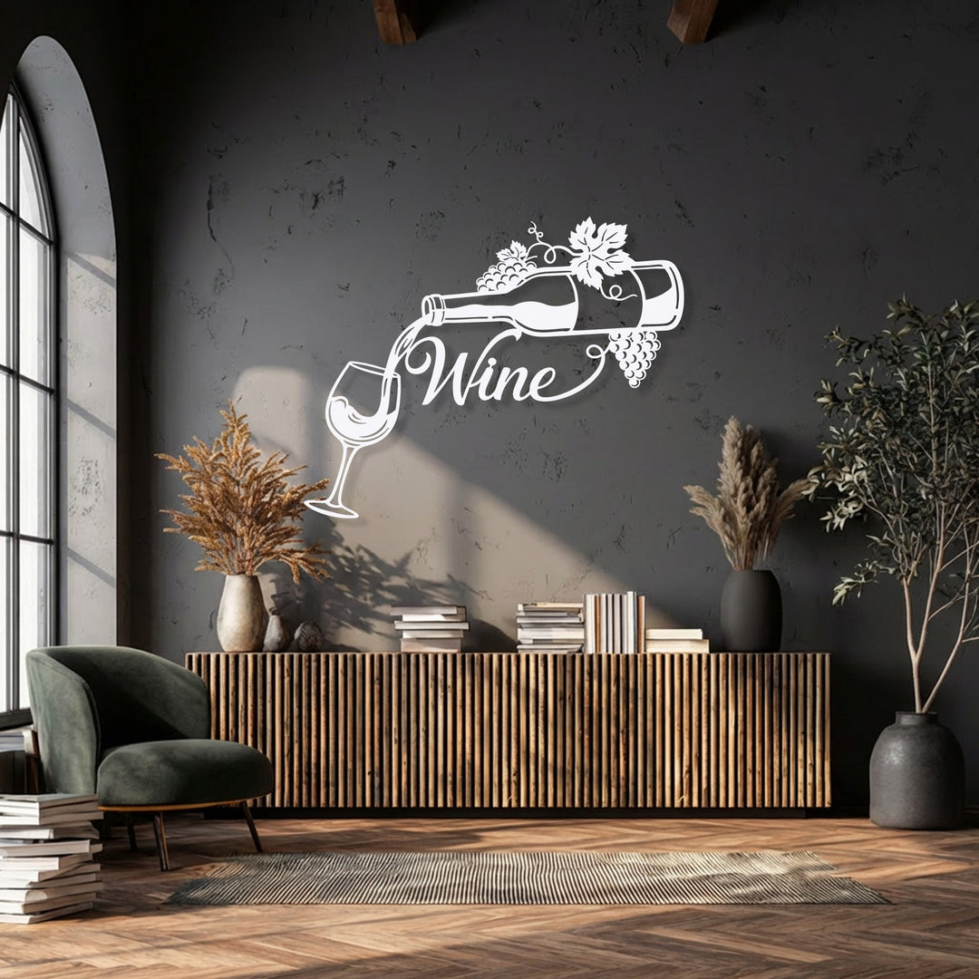 Embracing the profound stillness, a crisp white wine metal wall art beautifully adorns a dark wall, serving as elegant decoration wall art.