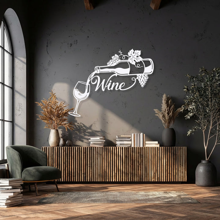 Embracing the profound stillness, a crisp white wine metal wall art beautifully adorns a dark wall, serving as elegant decoration wall art.