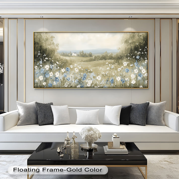Blue Wildflower Meadow Landscape Oil Painting