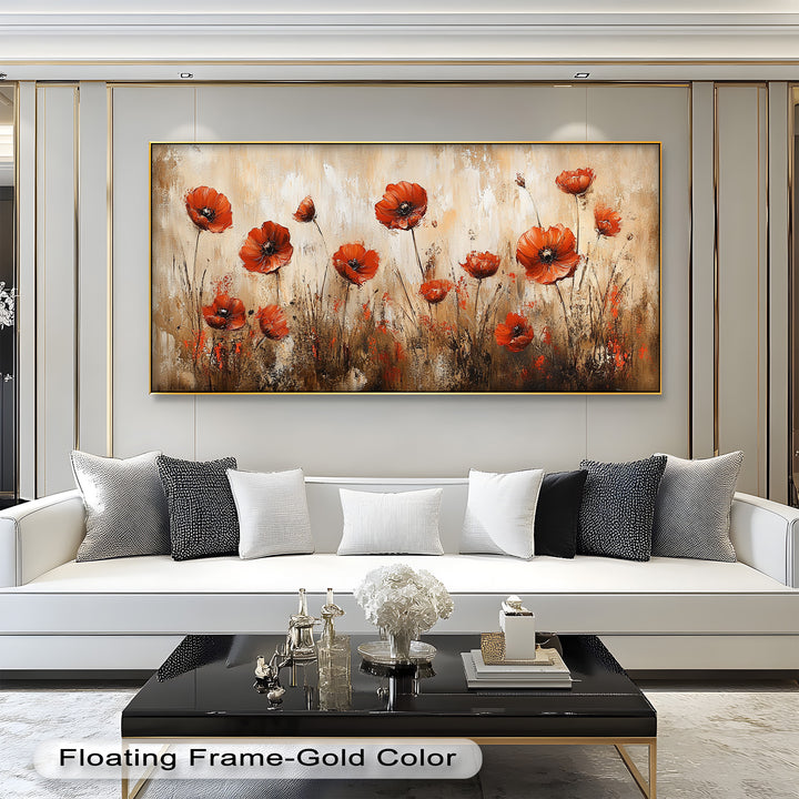 Red Poppies in Earth-Toned Harmony - Flower Oil Painting