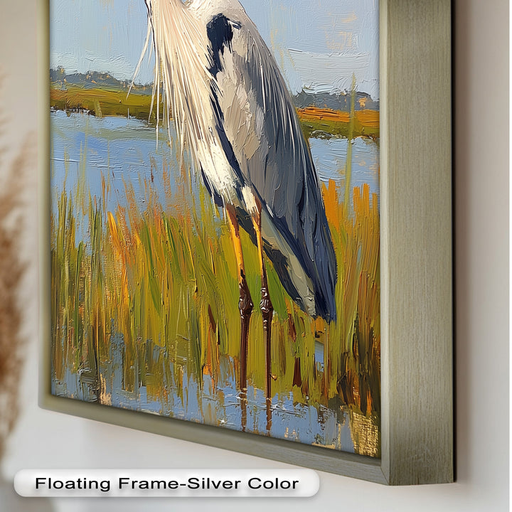 Heron in Sunlit Wetlands – Modern Oil Painting