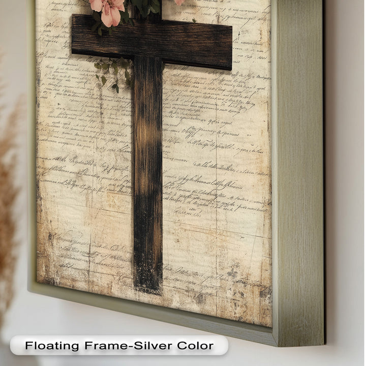 Holzkreuz mit rosa Blüten - Christliches Ölgemälde