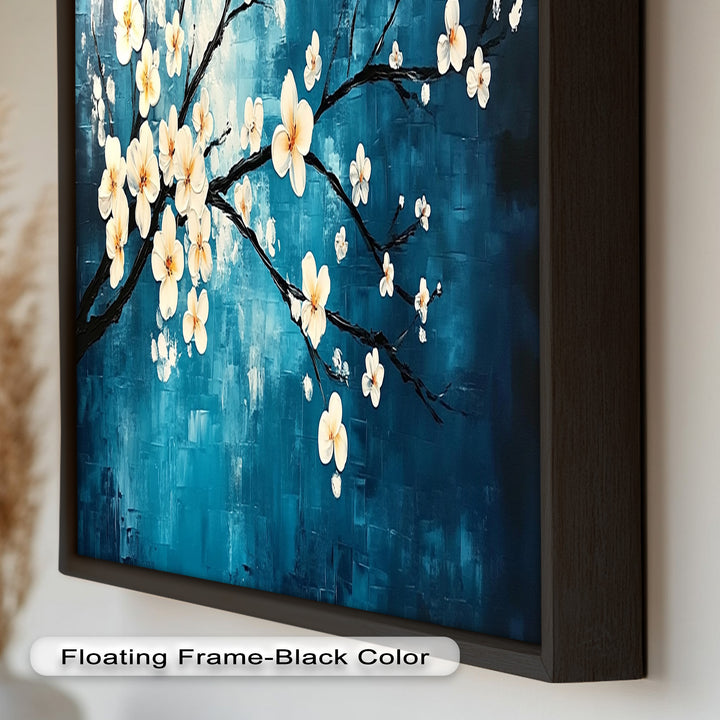 White Blossoms on Blue Wall Art – Floral Oil Painting