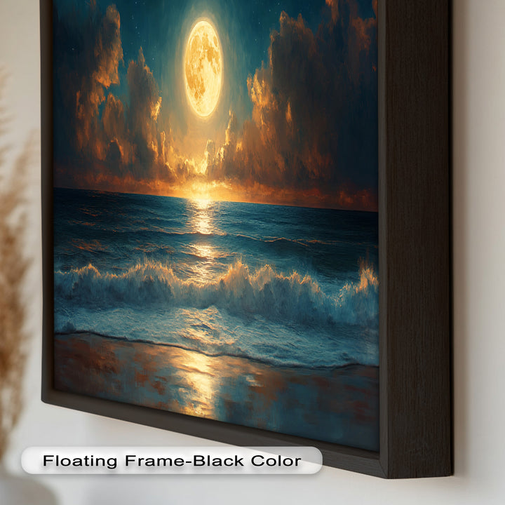 Ocean Night Wall Art Decor - Full Moon Seascape Oil Painting