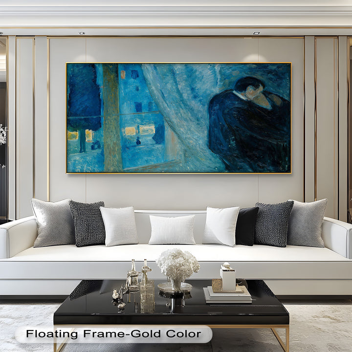 Blue Lovers by the Window – Expressionist Oil Painting