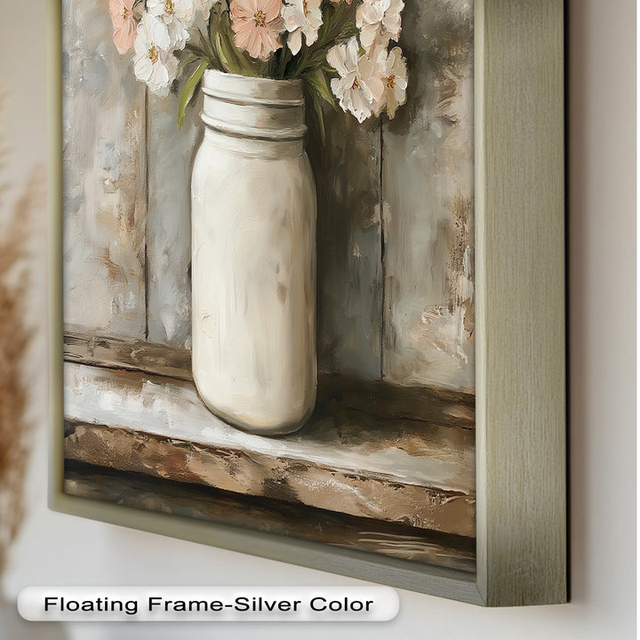Blush & Cream Blooms – Rustic Mason Jar Flower Oil Painting