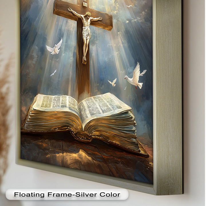 Jesus on the Cross with Open Bible and Doves - Oil Painting