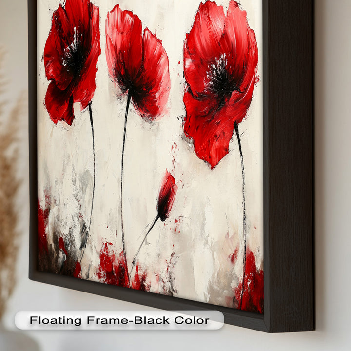 Crimson Elegance – Bold Red Poppies on Cream Flower Oil Painting
