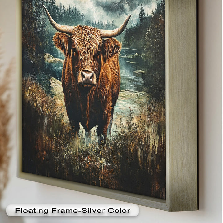 Highland Cow in Misty Pines – Wilderness Oil Painting