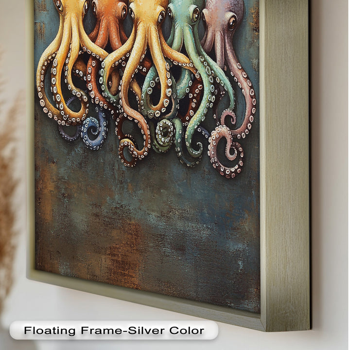 Whimsical Row of Octopuses – Colorful Sea Life Animal Oil Painting