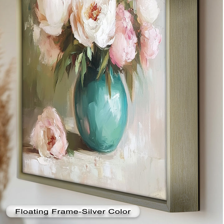 Blushing Peonies in Jade Vase – Romantic Flower Oil Painting