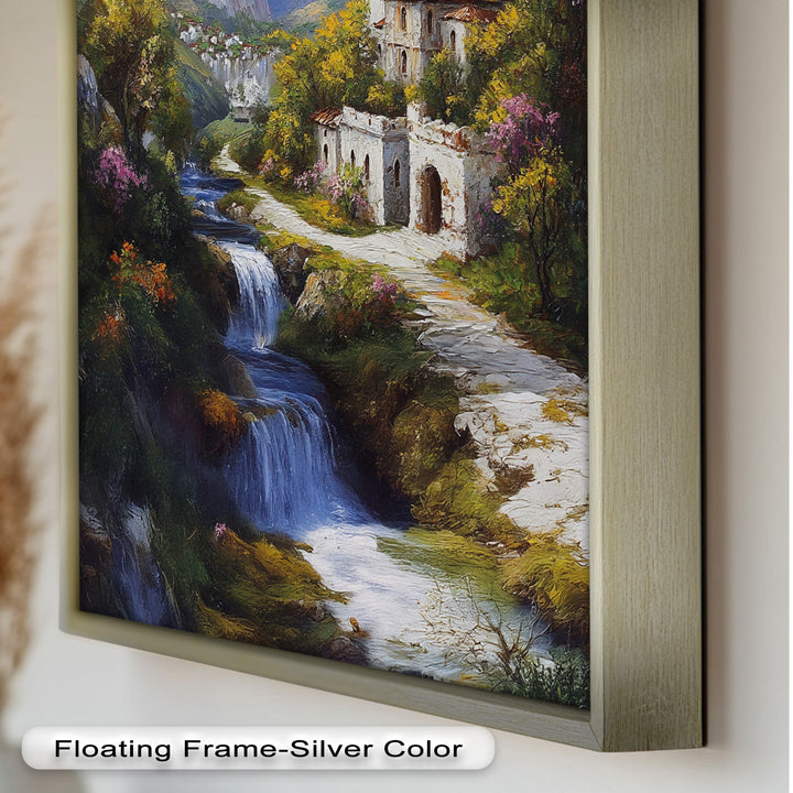 Mountain Abbey by the Falls – Serene Renaissance Oil Painting