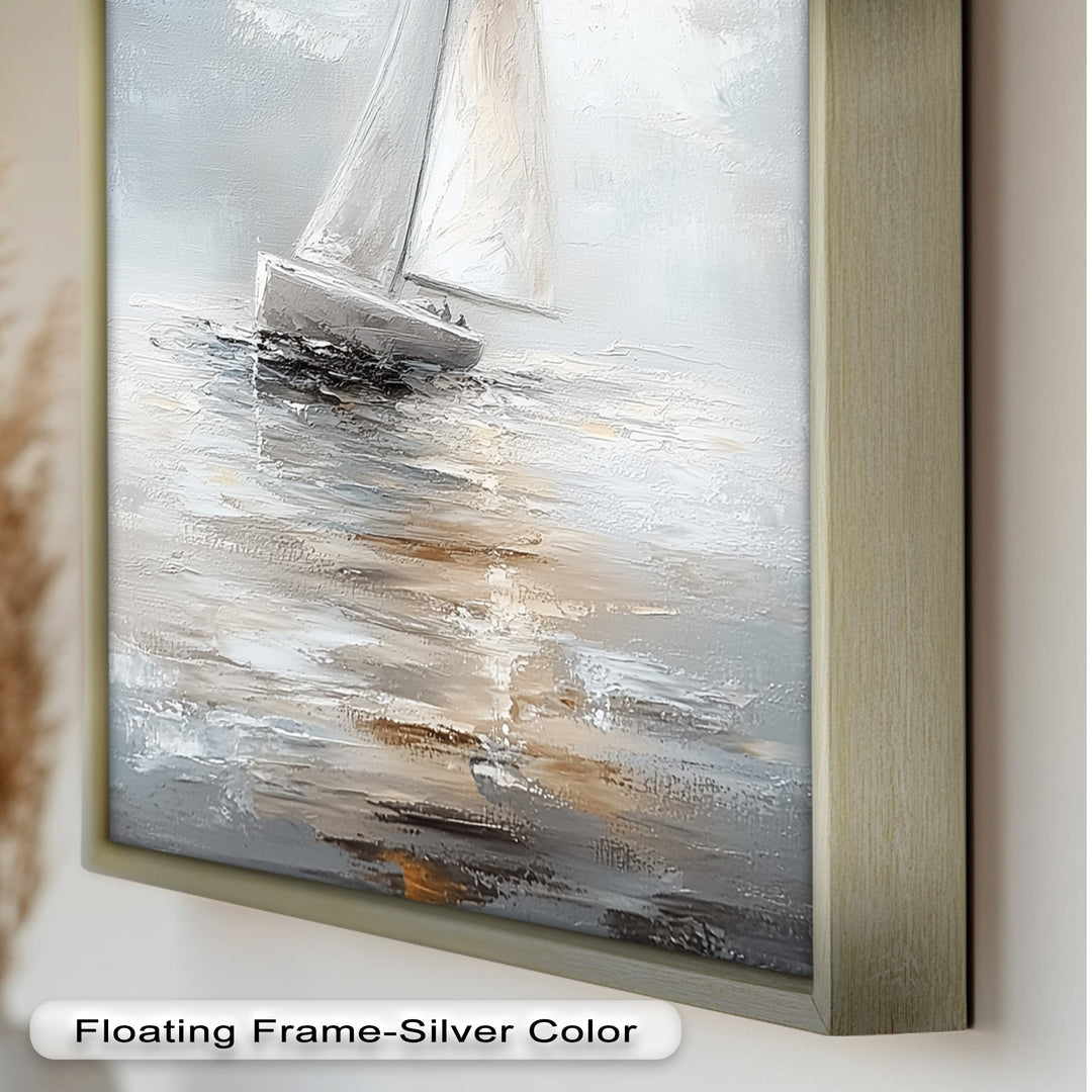 Sailing Through the Mist – White Boat Oil Painting