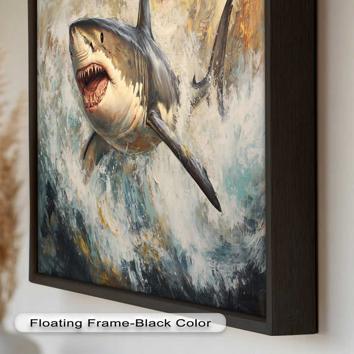 Ferocious Great White Shark Leaping Through Waves - Animal Oil Painting