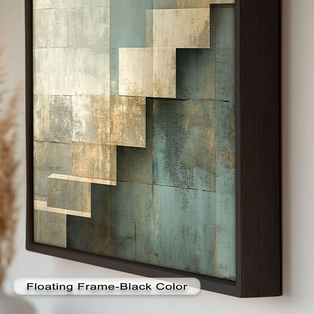 Geometrische Schritte Abstrakt – Blau &amp; Beige Modernes Ölgemälde