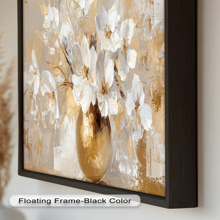 Golden Vase with White Florals – Flower Oil Painting