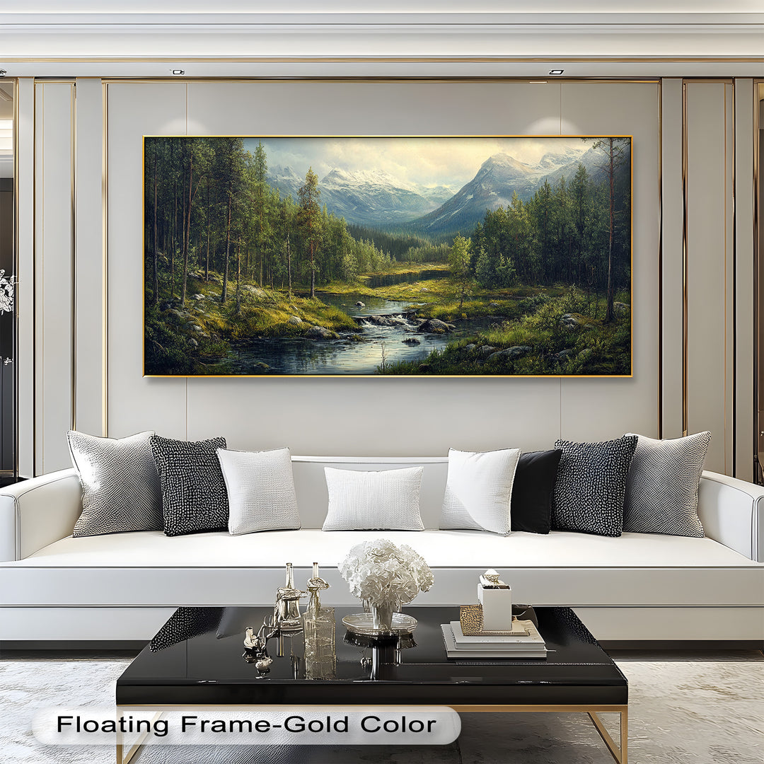 This stunning landscape painting captures a peaceful forest stream winding through a lush green valley, with majestic snow-capped mountains in the distance.