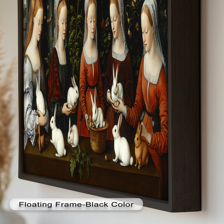 Maiden Garden Gathering – Renaissance Rabbit Portrait Oil Painting