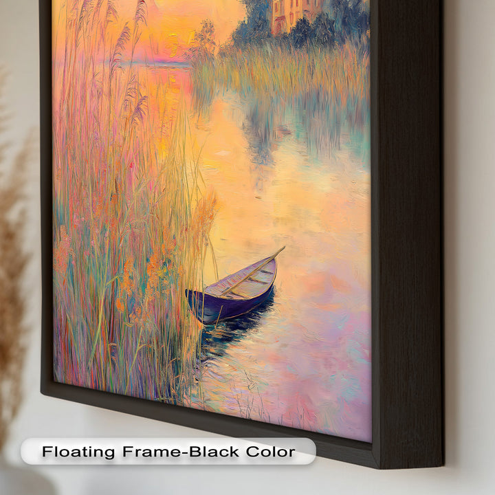 Golden Reeds and Sunset Rowboat – Impressionist Oil Painting