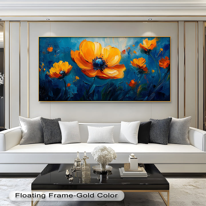 Orange Flowers on Deep Blue - Flower Oil Painting