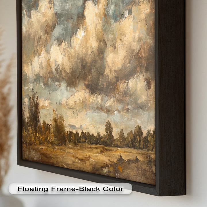 Weite Landschaft mit grauen Wolken – Ruhige Natur Ölgemälde