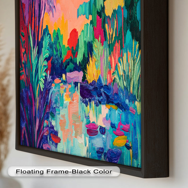 Sunset Reflections Oil Painting – Fauvist Lakeside Dreamscape