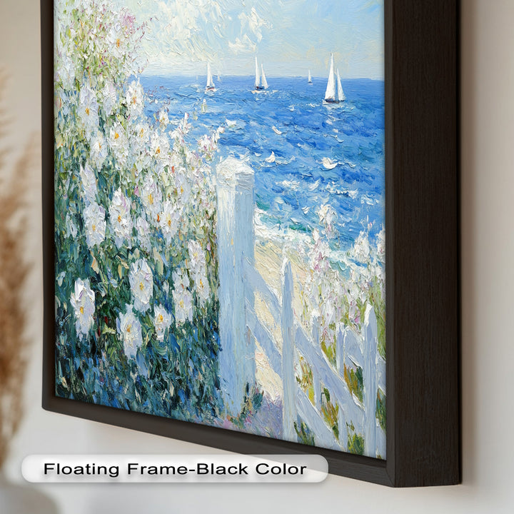 White Rose Garden with Sailboats – Impressionist Oil Painting