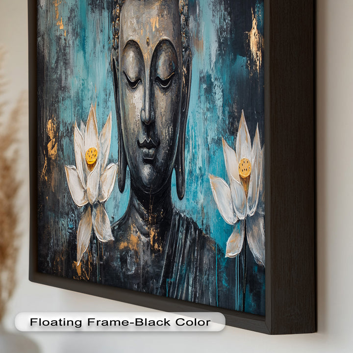 Teal Buddha with Lotus Flowers – Religious Oil Painting