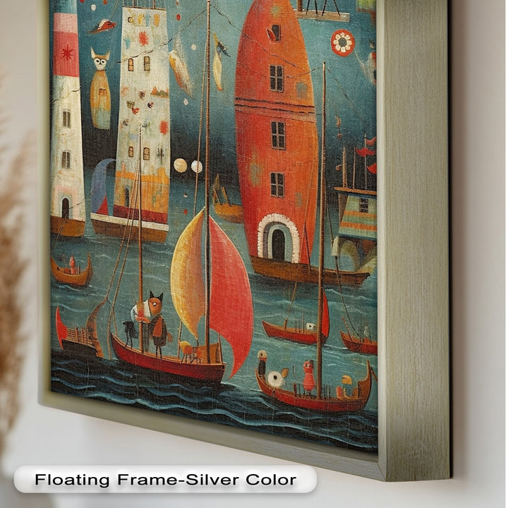 Moonlit Harbor Parade – Surreal Cat and Owl Fantasy Oil Painting