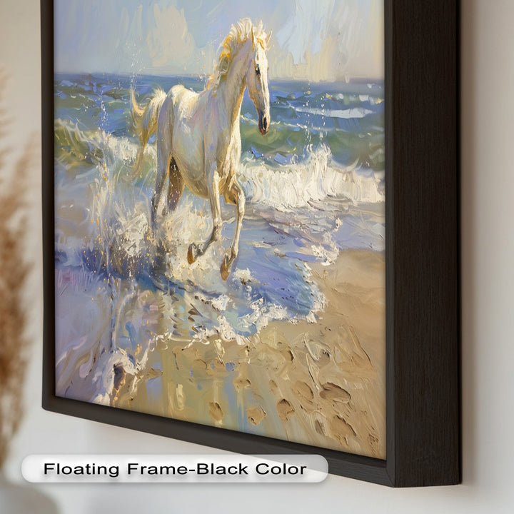 White Horse Galloping on Beach – Dynamic Oil Painting