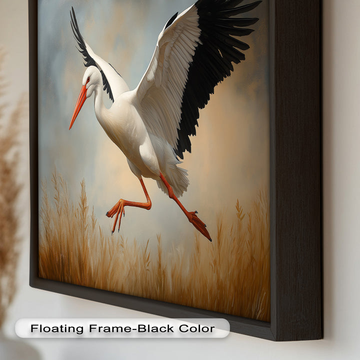 Stork in Flight over Golden Grasses – Animal Oil Painting