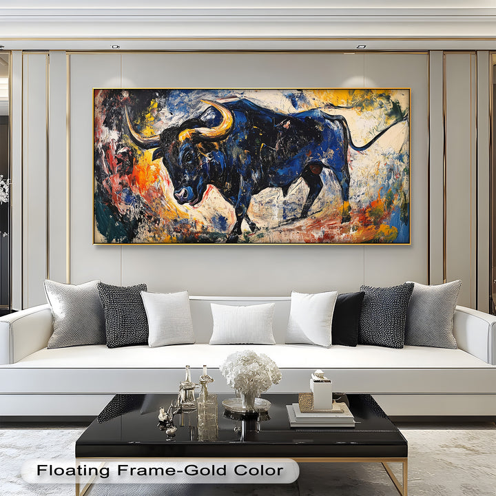 Fierce Blue Bull in Motion – Abstract Oil Painting
