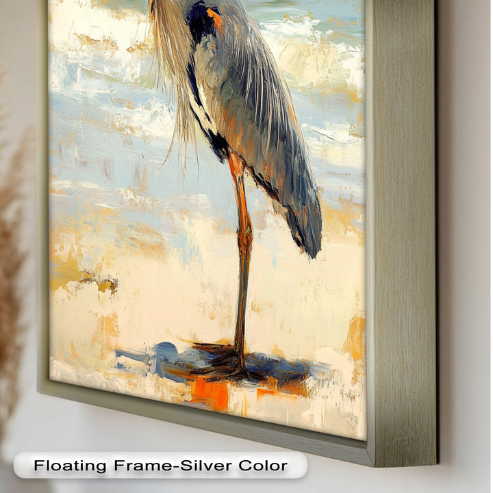 Elegant Heron Standing on Shoreline – Framed Oil Painting