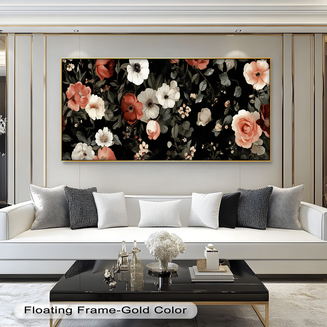 A graceful arrangement of garden flowers and leaves in warm neutral tones, standing out against a bold black background.