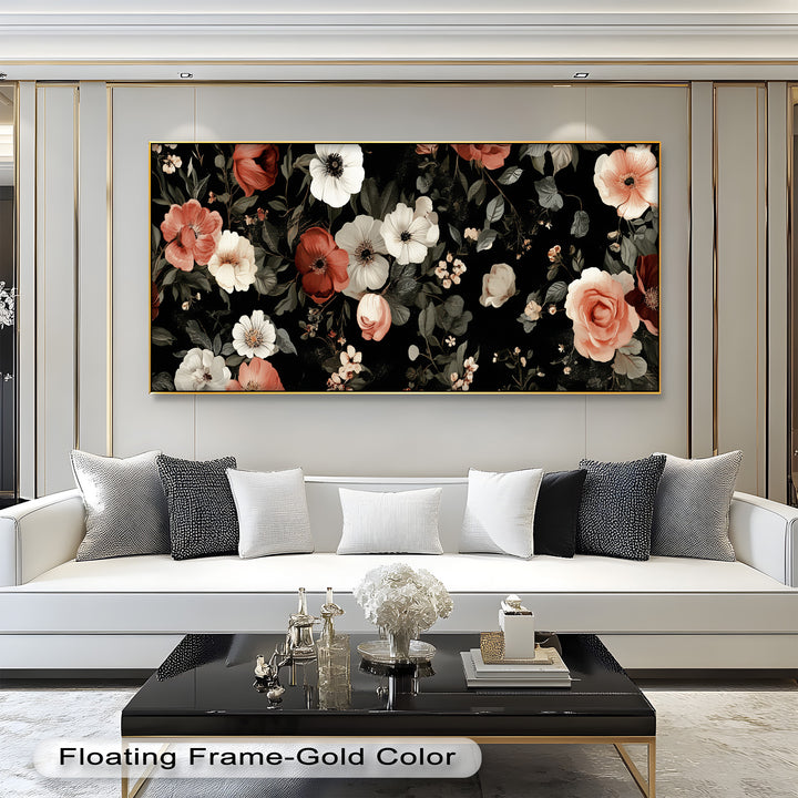 A graceful arrangement of garden flowers and leaves in warm neutral tones, standing out against a bold black background.