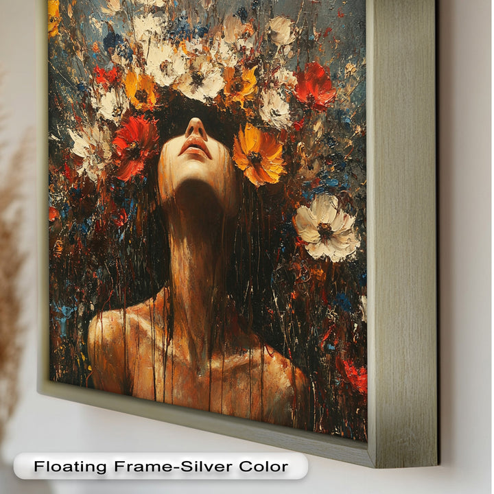 Floral Rebirth – Woman with Blossoming Crown Abstract Oil Painting