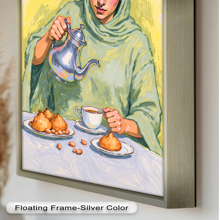 Woman Pouring Tea with Traditional Sweets - Food Painting