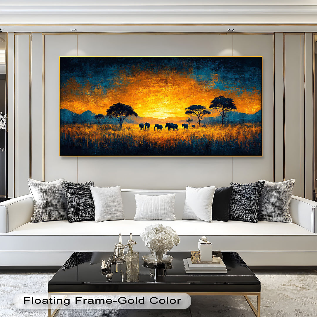 Golden Savannah Sunset – Elephant Silhouette Oil Painting
