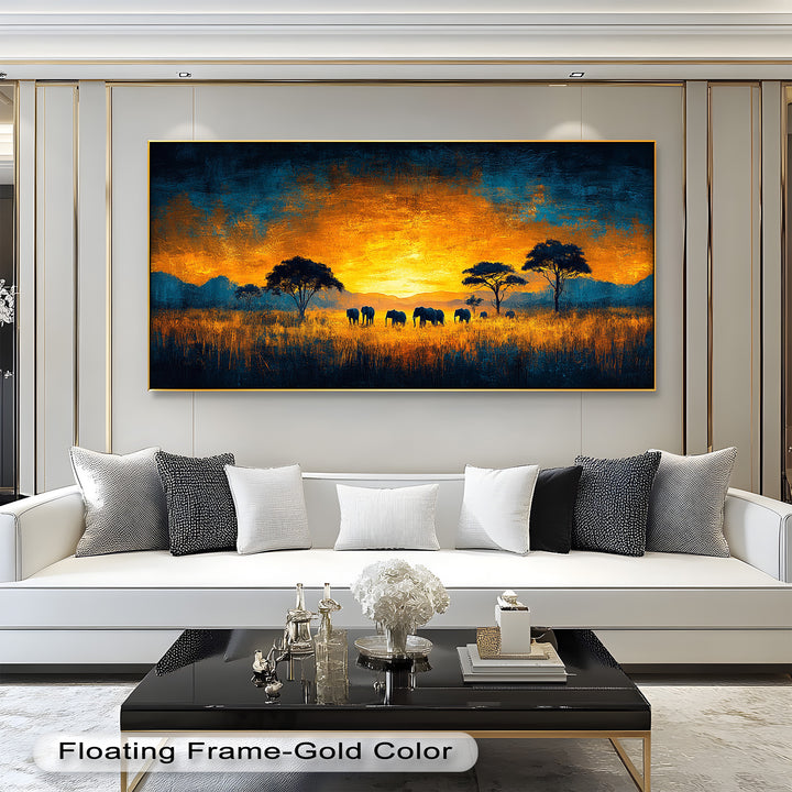 Golden Savannah Sunset – Elephant Silhouette Oil Painting