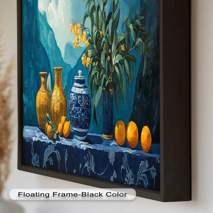 Blue & Yellow Vase Citrus Still Life – Framed Oil Painting