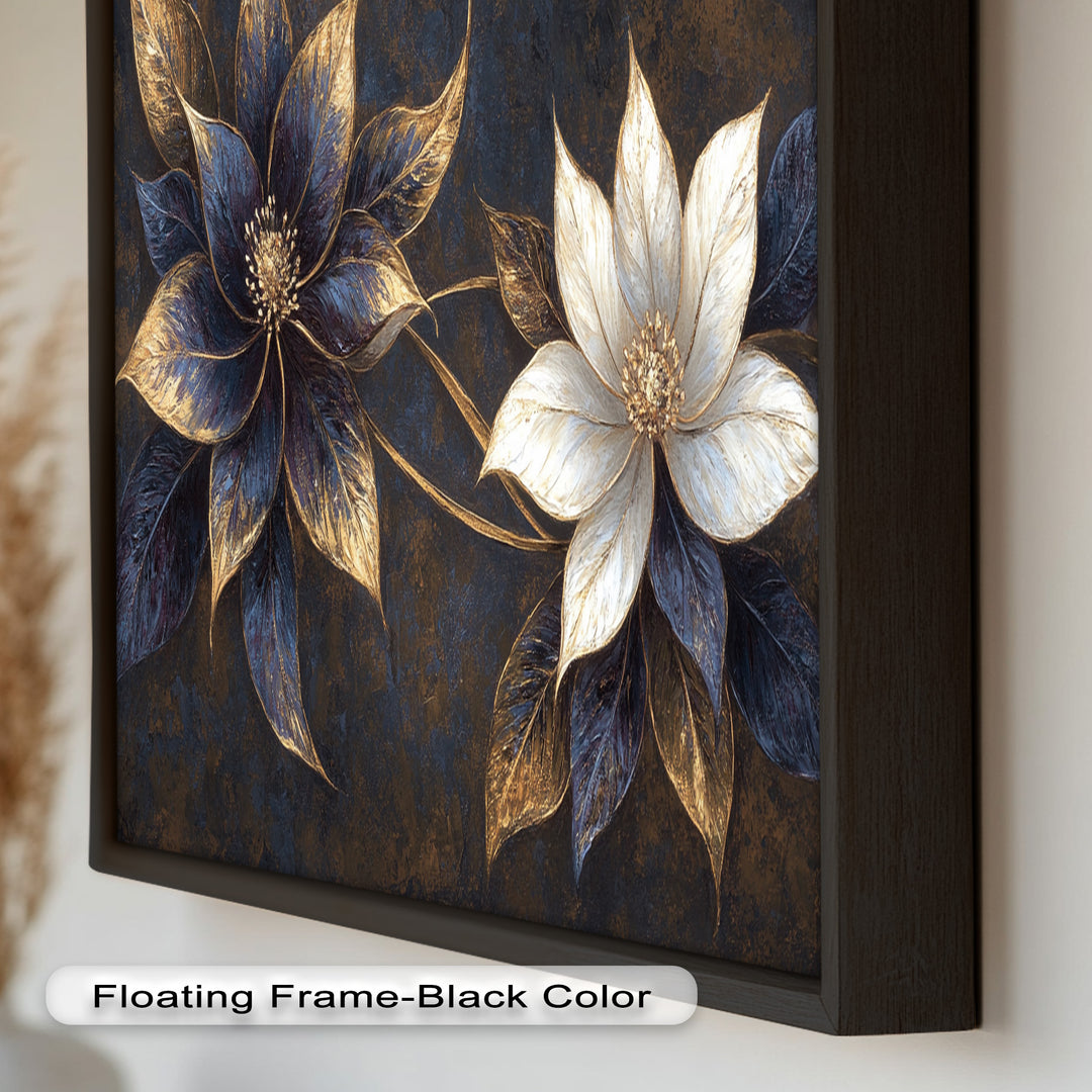 Blue Floral Stained Art – Botanical Oil Painting