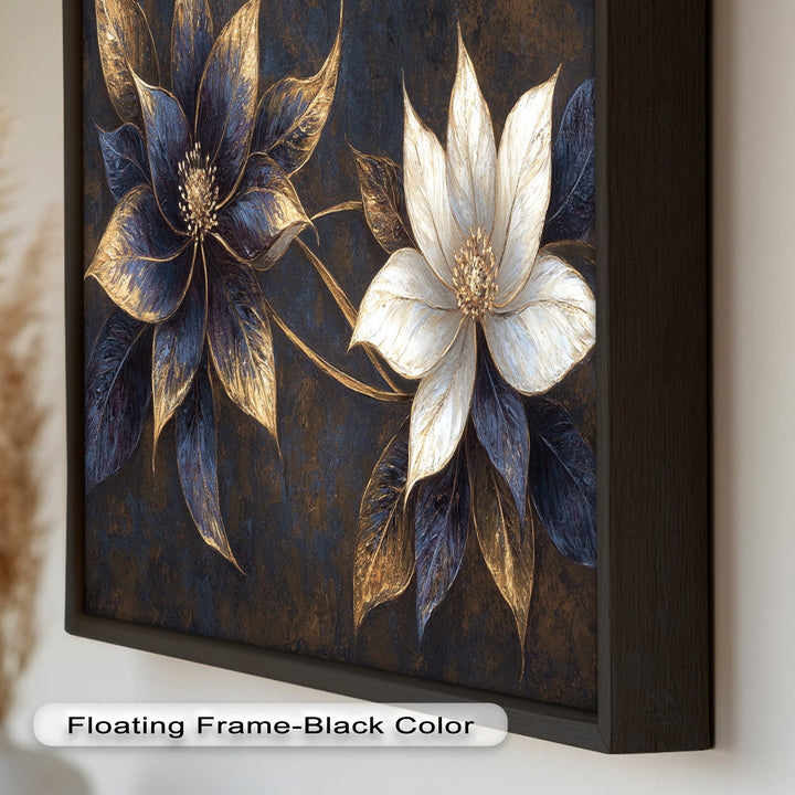 Blue Floral Stained Art – Botanical Oil Painting