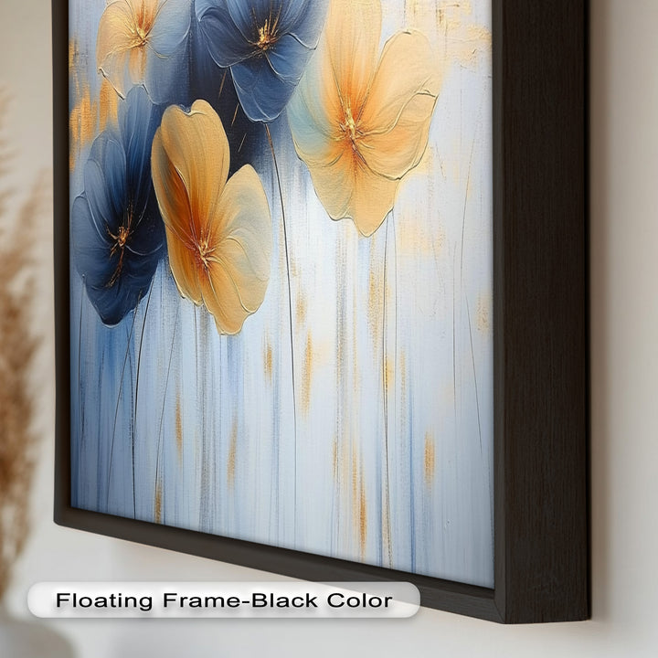 Blaue und gelbe Blumenkunst – Gerahmtes Ölgemälde