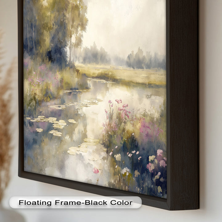 Soft Floral Riverside Wall Art – Romantic Nature Oil Painting